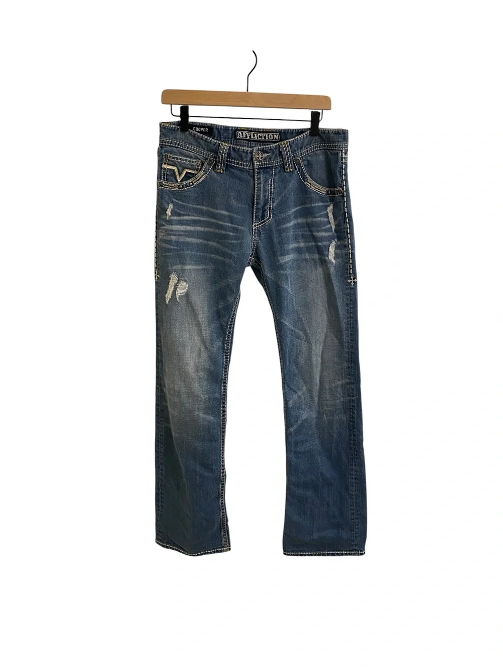 AFFLICTION COOPER JEANS MENS SIZE 30 90’s THICK STITCHING WHISKERED GRUNGE Y2K
